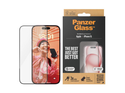 PanzerGlass Screen protector, Apple, iPhone 15, Glass, Clear, Ultra-Wide Fit